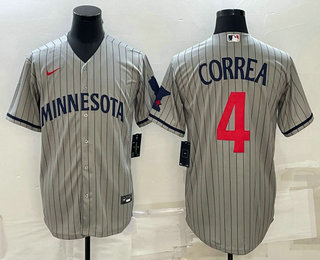 Mens Minnesota Twins #4 Carlos Correa 2023 Grey Home Team Cool Base Stitched Jersey